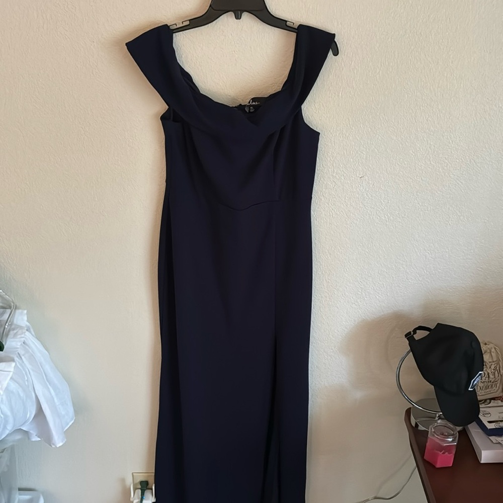 Navy blue long formal dress with slit